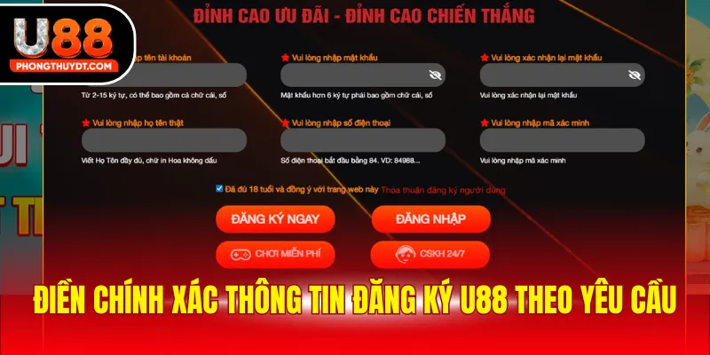 Điền chính xác thông tin đăng ký U88 theo yêu cầu